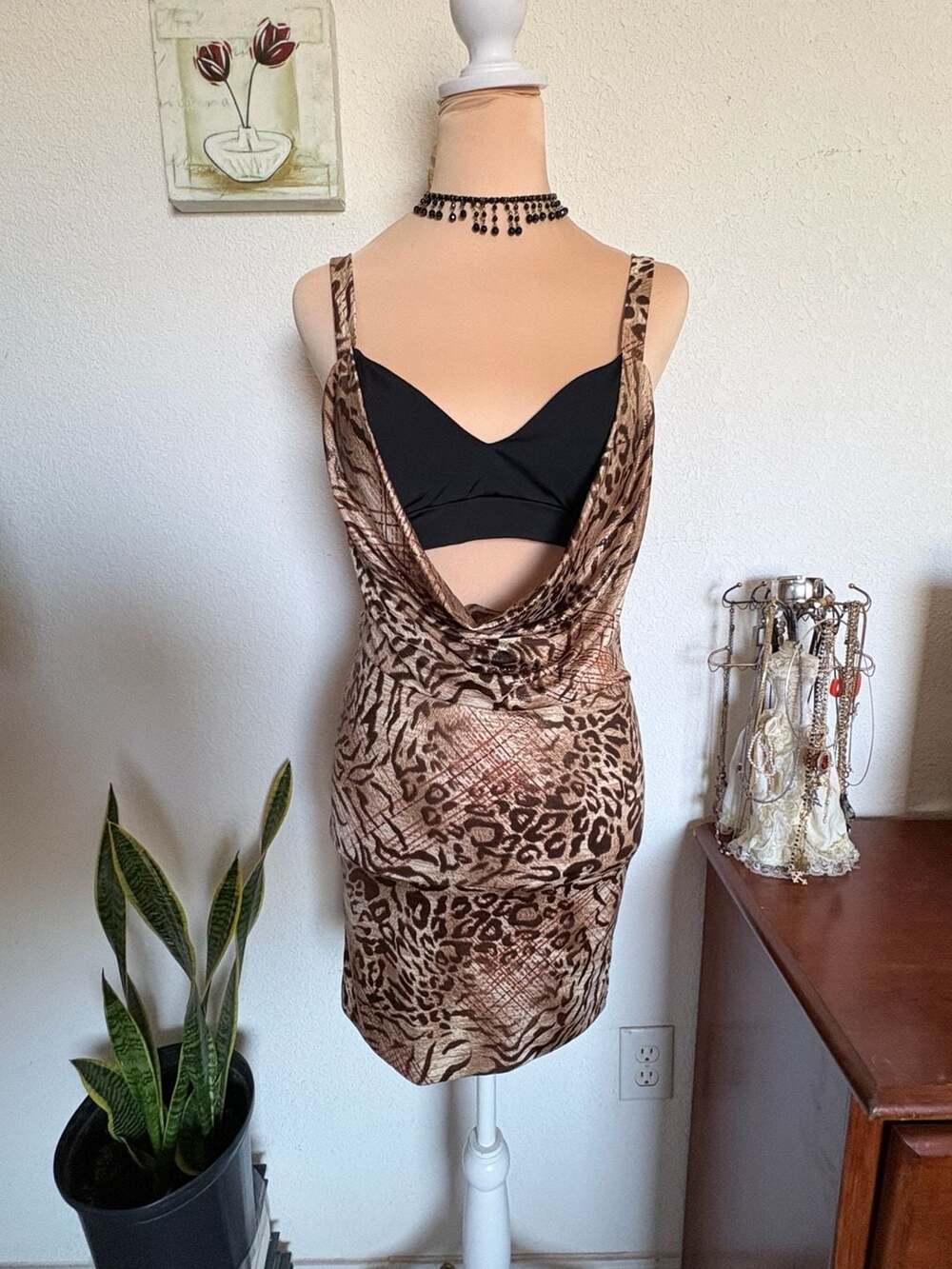 Vintage Y2K Early 2000s Animal Print Cowl Neck Mini Dress Brown Leopard